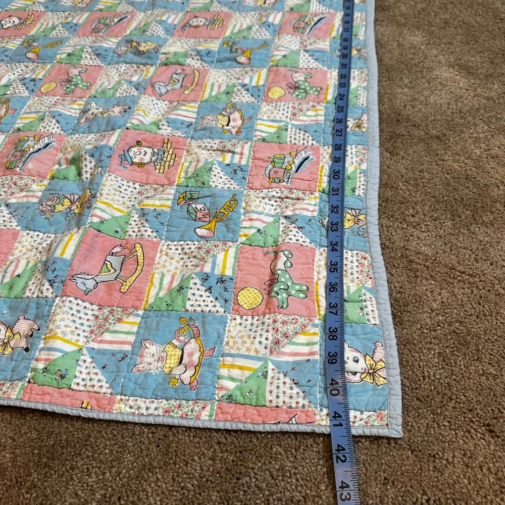 Vintage Baby Quilt Blanket Humpty Lamb Dog Train Doll 52 in x 41 in Cotton 100%